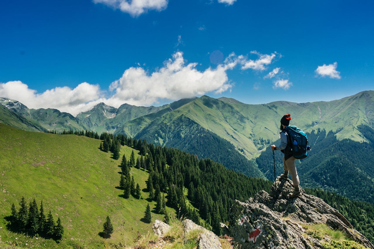 menu-10 Adventurous hiker enjoying breathtaking views of lush green mountains in Romania under a clear blue sky.