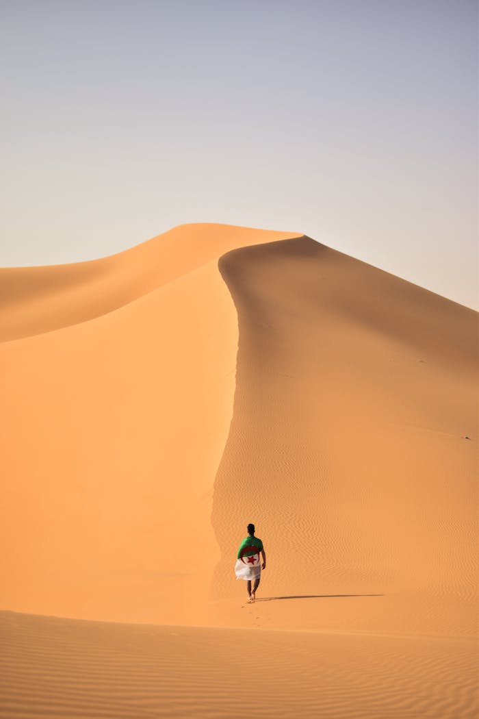 menu-08 A lone traveler walking over the vast, golden sand dunes of the Sahara Desert in Algeria.