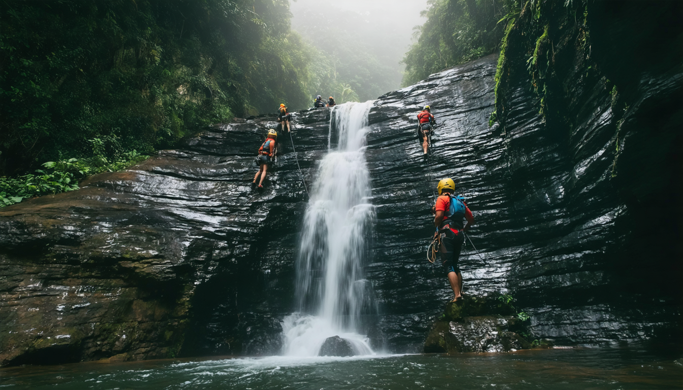 vivez une aventure inoubliable de canyoning à la fortuna, costa rica ! descendez des cascades, explorez des gorges spectaculaires et profitez de sensations fortes au cœur de la nature tropicale. parfait pour les amateurs d’adrénaline !