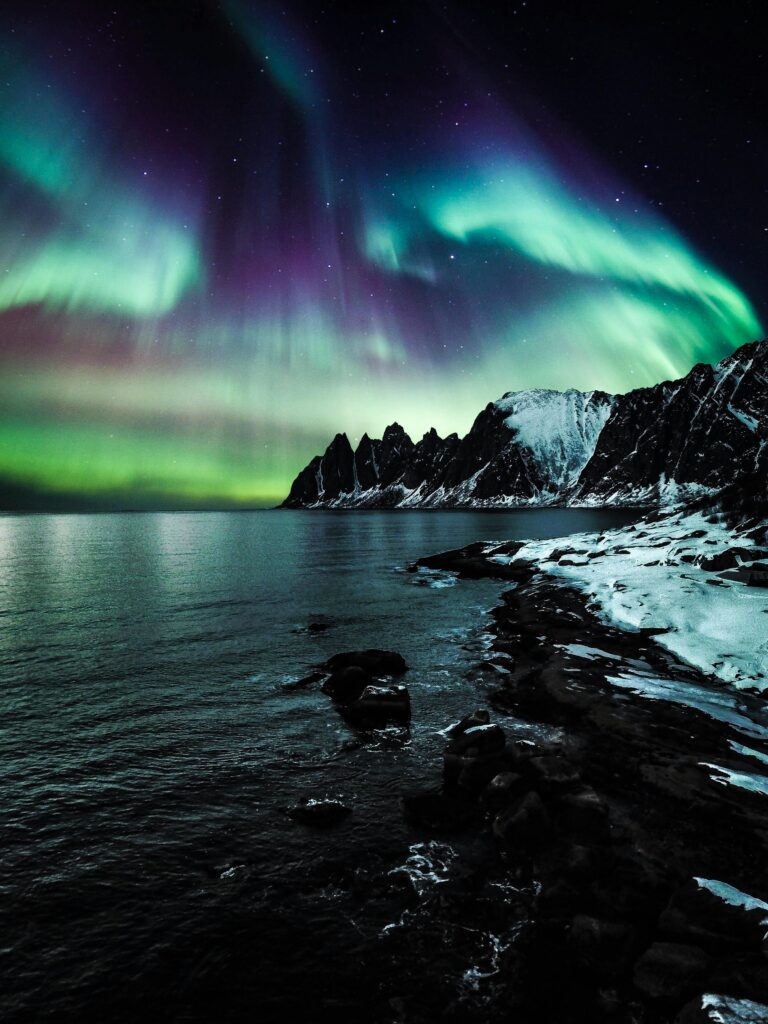 pexels-photo-1562058-1562058 Majestic northern lights illuminate the snow-covered coast of Lenvik, Troms, Norway.