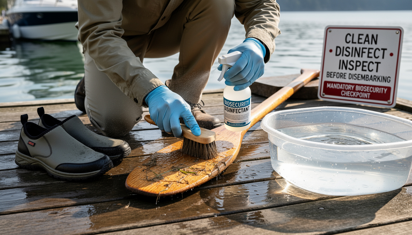 découvrez les gestes essentiels de biosécurité pour lutter contre les espèces invasives : nettoyer, désinfecter et vérifier votre équipement avant chaque débarquement.