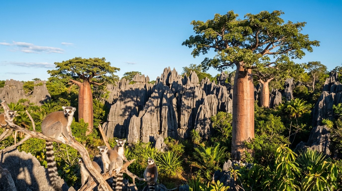 découvrez madagascar en 12 jours avec notre circuit clé en main : observez les lémuriens, explorez les formations spectaculaires des tsingy et admirez les majestueux baobabs pour une expérience nature inoubliable.
